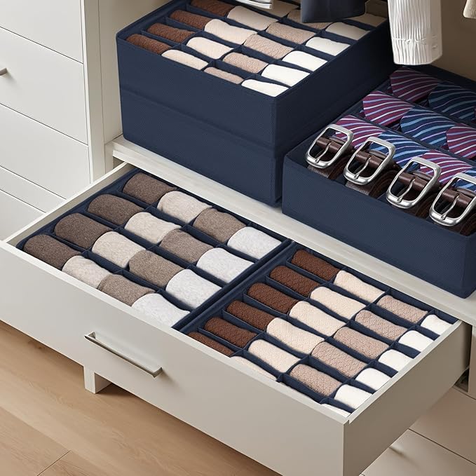Joyoldelf Sock Drawer Organizer Divider 4 Packs Underwear Organizer, 2 x 24 Cell + 2 x 16 Cell Closet Organizers and Storage Sock Holders for Storing Socks, Handkerchiefs, Ties, Belts (Navy Blue)