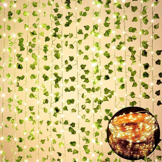 Fake Vines for Room Decor Artificial Ivy Garland with 100 LED String Light Hanging Plants Faux Greenery Leaves Bedroom Aesthetic Decor for Home Garden Wall Wedding（6Pack with 100LED）