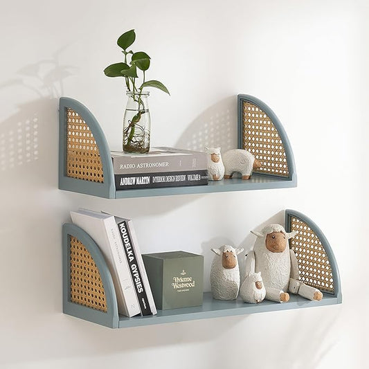 Rattan Wall Shelf 16 inch Floating Shelves Rustic Wood Wall Mounted Storage Shelves for Living Room Bathroom Kitchen Boho Wall Decor，Blue