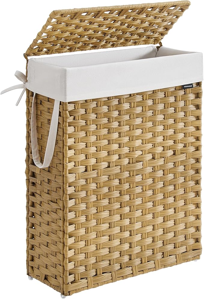 SONGMICS Slim Laundry Hamper with Lid, 14.5 Gallon (55L) Rattan Clothes Laundry Basket with Lid and Handles, Foldable, Removable Liner, Goose Yellow ULCB164N01