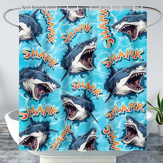 AILONEN Blue Shark Shower Curtain,Scream Shark Bath Curtain Gifts for Kids,Ocean Animal Polyester Waterproof with 12 Plastic Hooks, 72" W*96" H Blue