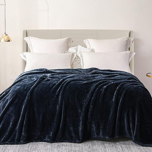 Exclusivo Mezcla Plush Fuzzy Fleece Bed Blanket Queen Size, Super Soft, Fluffy and Warm Blankets，Suitable for All Seasons (Navy Blue, 90x90 Inches)