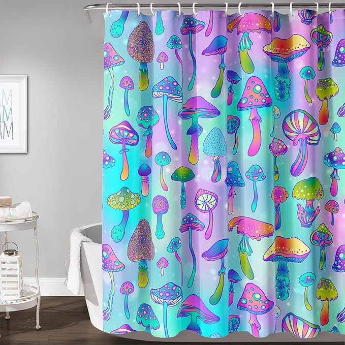 AILONEN Mushroom Shower Curtain for Bathroom,Blue Purple Mushroom Bath Curtain,Cute Cartoon Magic Fungus Decor Bathroom Curtain with 12 Plastic Hooks, 72" W x 78" H