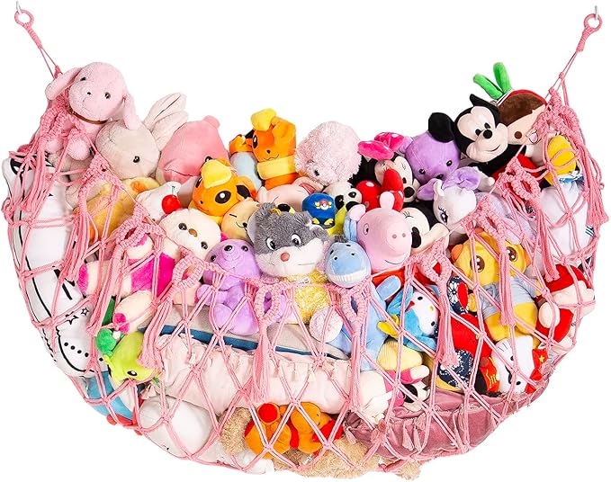 Stuffed Animal Net or Hammock Wall Hanging Net for Stuffed Animal Storage Macrame Toy Display Plush Toy Holder Soft Toy organizer for Nurery Baby Bedroom Playroom-Pink