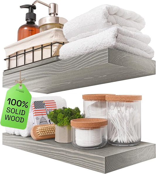 BAOBAB WORKSHOP Wood Floating Shelves for Wall - Rustic Shelf 16 inch - Grey Bathroom Shelves - Solid Wood Shelves for Wall for Bedroom Kitchen Living Room - Gray Shelves - 16 x 6.7 Inch, Set of 2