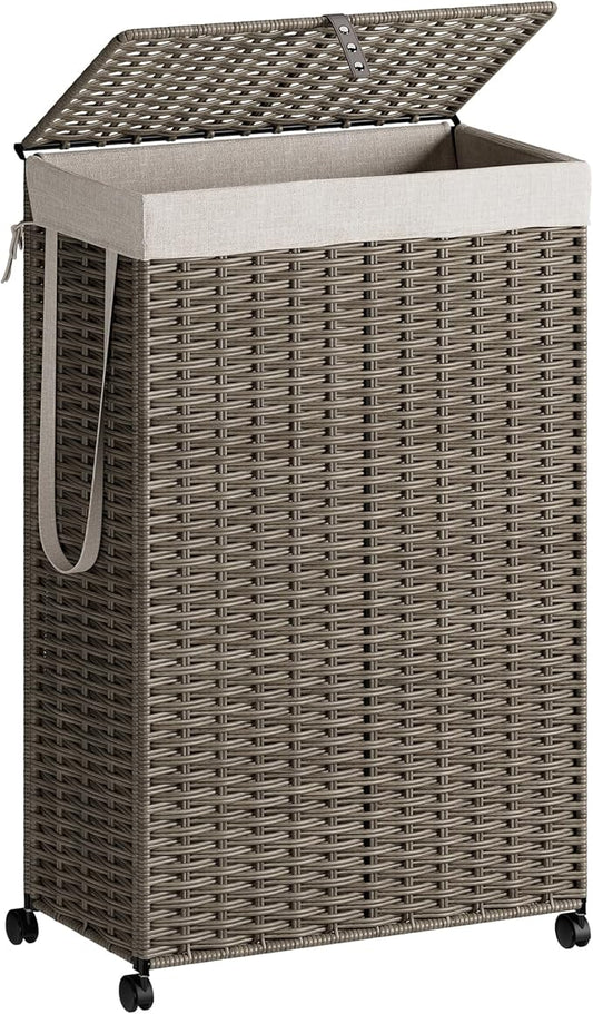 Rolling Laundry Hamper with Wheels and Lid, 90L Slim Laundry Basket with Removable Bag, Foldable Handwoven Rattan Laundry Sorter, Narrow Dirty Clothes Basket Organizer, No Assembly, Grey