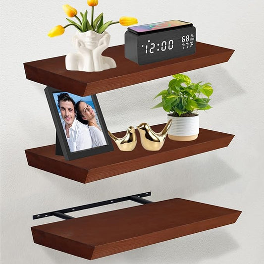 Wood Floating Shelves for Wall Set of 3, Wall Mounted Shelves for Living Room, Floating Wall Shelf for Bedroom, Bathroom, Room Decor, Brown