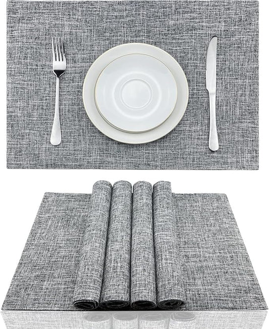 Weabetfu Cloth Placemats Set of 4 Heat Resistant Dining Table Placemmats Cotton Linen Machine Washable Kitchen Table Mats Wrinkle Free Thick Fabric Place Mat,Easy to Clean,13"x19",Mottled Grey w/Brown