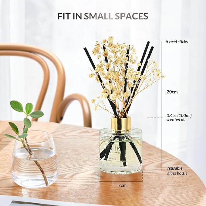 Flower Reed Diffusers for Home with 1 Jasmine & White Tea Double Essential Oil, 3.4 oz (100ml) - Elegant Reed Diffuser Set with 5 Sticks for Home Decor, Bathroom, Any Room, Housewarming Gift