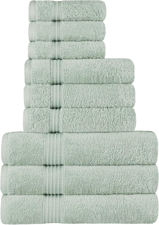 Superior Egyptian Cotton 9-Piece Towel Set, Assorted Towels for Home Bathroom, Guest Bath Decor Essentials, Includes 3 Bath, 3 Hand, 3 Face Towels/Washcloths, Quick Dry, Absorbent - Sage