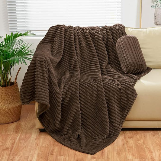 Bnuitland Brown Flannel Throw with Storage Pouch,300GSM Super Soft Fleece Stripe Pattern Sofa Blanket for Adults and Kids, Lightweight Cozy Bed Throw for Home Decor All Season