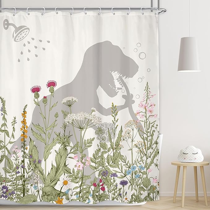 LGhtyro Wildflower Dinosaur Kids Shower Curtain Bathroom Set 71Wx71H Inches Funny Dino Silhouette Floral Rustic Plant Leaves Botanical Bath Accessories for Boys Art Home Decor Fabric 12 Pack Hooks