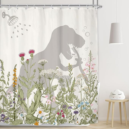 LGhtyro Wildflower Dinosaur Kids Shower Curtain Bathroom Set 71Wx71H Inches Funny Dino Silhouette Floral Rustic Plant Leaves Botanical Bath Accessories for Boys Art Home Decor Fabric 12 Pack Hooks