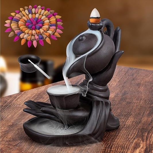 Waterfall Incense Burner Buddha Hand Backflow Incense Waterfall Burner Smoke Incense Holder Waterfall with 100 Incense Cones 10 Kind of Scents