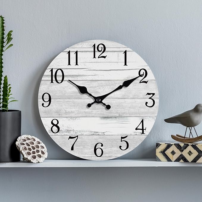 Wall Clock Battery Operated 12 Inch Gray Silent Non Ticking Country Rustic Design Vintage Retro Decorative for Bathroom Kitchen Living Room Bedroom