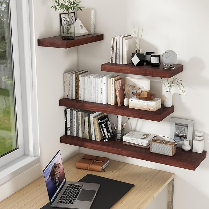 Fun Memories 9 Inch Deep Floating Shelves, Rustic Solid Wood Floating Shelf 30 Inch Long, 30 x 9 Wide Bathroom Shelves for Storage & Display, Walnut Color