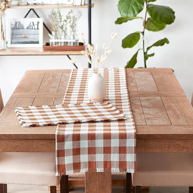 DII Heavyweight Fringed Check Tabletop Collection, Placemat Set, 13x19, Cinnamon, 6 Piece