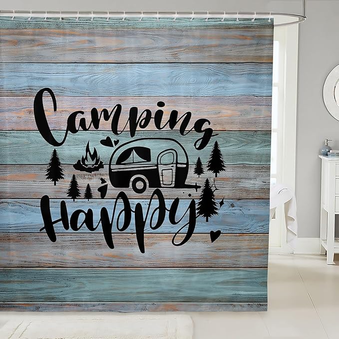Feelyou Camper Bathroom Shower Curtain Set Happy Camping Bath Curtain Camping Shower Curtain Cartoon Camping Kids Bathroom Accessories 72"x84"