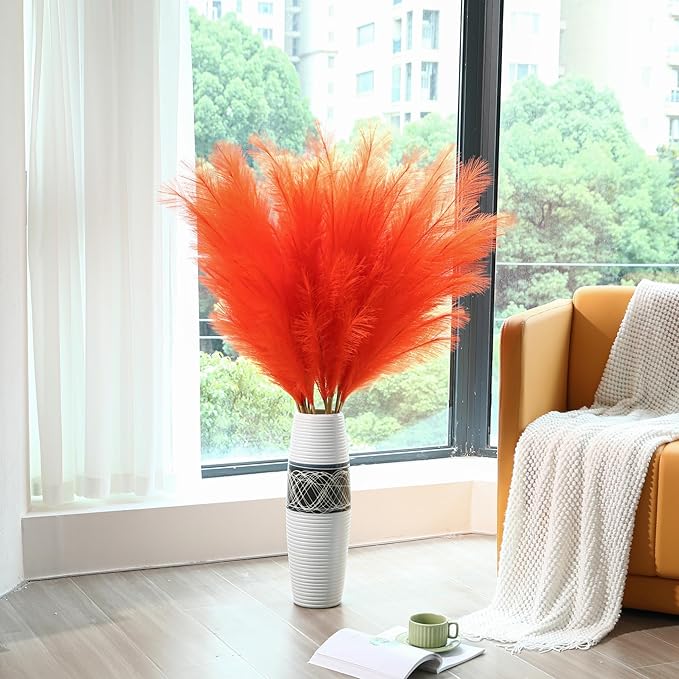Orange Pampas Grass Decor- 45-Inch Set of 8 | Tall Faux Pampas Grass Soft and Fluffy | Large Artificial Pompas Floral | Perfect for Living Room, Office and Wedding Party Centerpieces