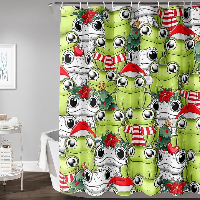 AILONEN Cute Cartoon Frog Shower Curtain,Funny Frog White Green Animal Frog Bath Curtain for Kids Boys Girls,Waterproof Curtain for Bathroom with 12 Plastic Hooks, 60" W x 72" H