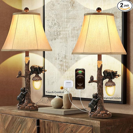 LOKHOM Rustic Western Bear Table Lamp with Nightlight Set of 2, 26“ Rustic Bedside Lamp with USB & Type C, Touch Control Natural Bears Table Lamp for Bedroom Living Room Foyer Office