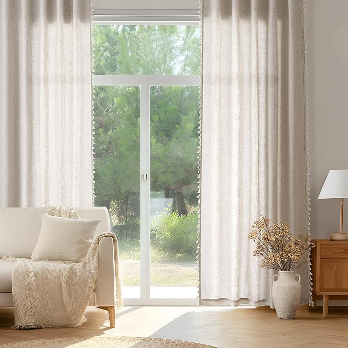 Apricot Boho Curtains 96 Inches Long 2 Pannels for Bedroom Linen Blend Textured Semi Sheer Light Filtering Pivacy Window Curtains Back Tab Rustic Farmhouse Curtain for Living Room 38x96