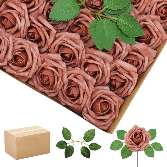 200PCS Warm Taupe Artificial Flowers Roses Real Looking Foam Fake Roses with Leaves for DIY Wedding Bouquets Bridal Shower Arty Decorations (Warm Taupe, 200)