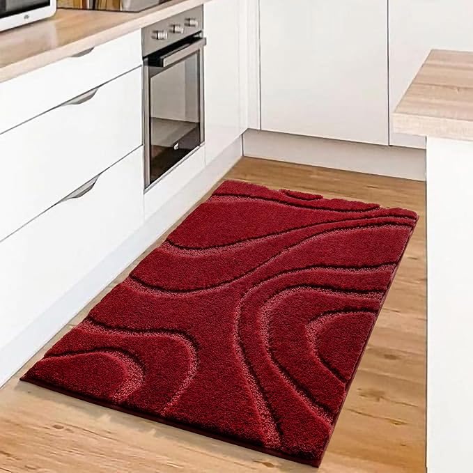 DEXDE Bathroom Rugs Mat,Soft Plush Shaggy Microfiber Bath Rug Non Slip Bath Mats for Bathroom Floor,Machine Washable Absorbent Carpet for Shower Tub,Burgundy Red 24"x36"