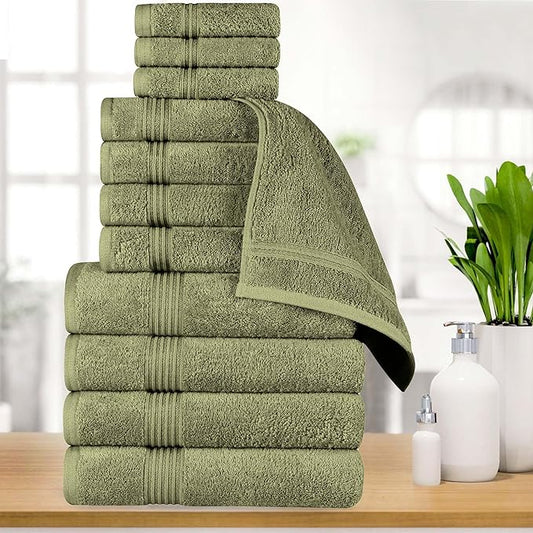 Superior Egyptian Cotton 12-Piece Towel Set, Assorted Towels, Home Bathroom, Master, Guest Bath, Decor Essentials, 4 Bath, 4 Hand, 4 Face Towels/Washcloths, Quick Dry, Absorbent, Forest Green