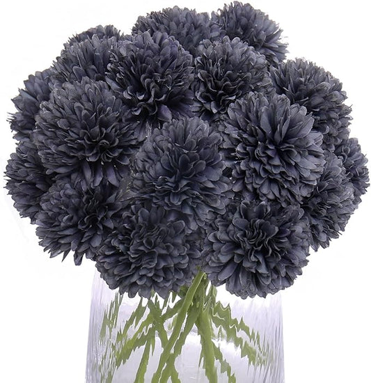 Kimura's Cabin 20Pcs Black Fake Silk Flowers Artificial Chrysanthemum Ball Flower Faux Mums Flowers for Home Dining Table Core Halloween Party DIY Decoration Bouquets (Grey Black)