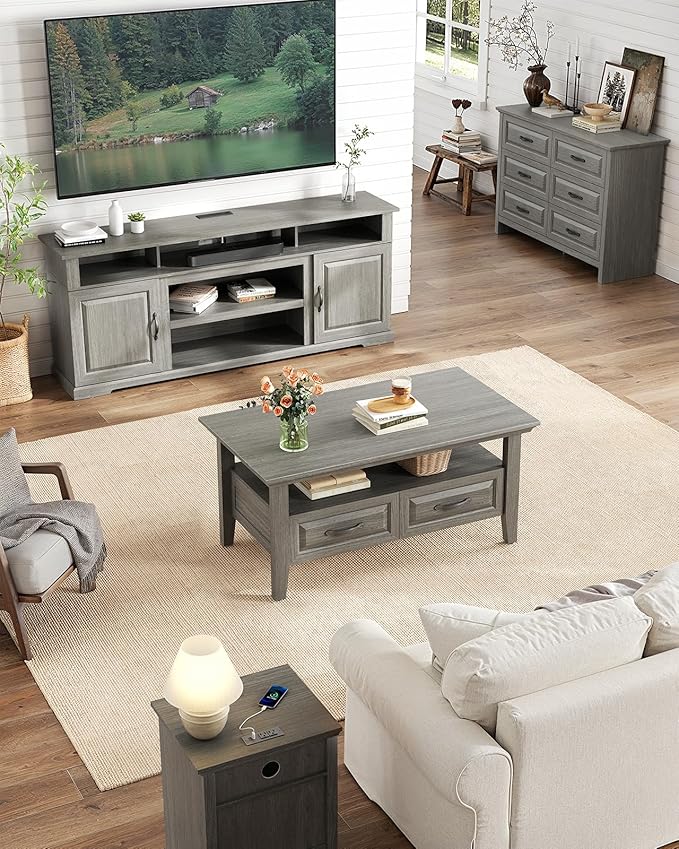 Marsail Farmhouse Coffee Table with Storage, 39.4" Wood Coffee Table for Living Room, Rustic Center Table with 2 Drawers, Open Display Area, Grey