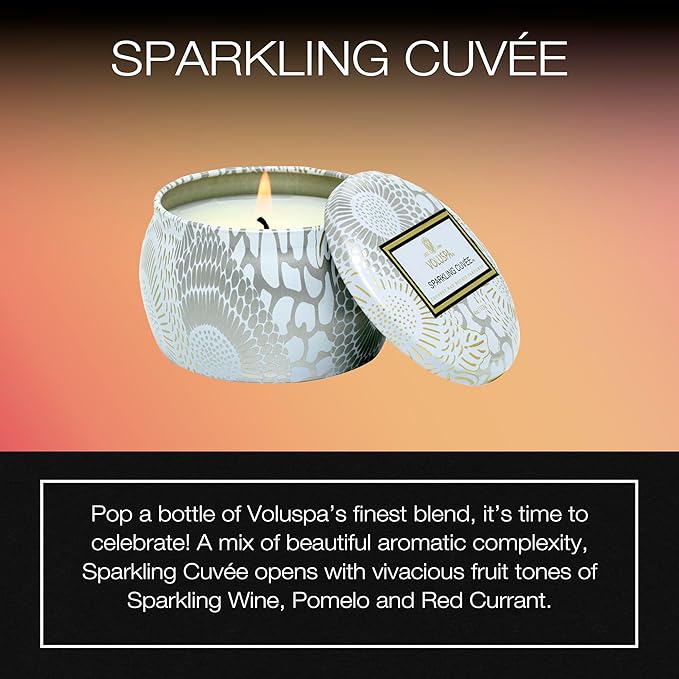 Voluspa Sparkling Cuvee, Mini Tin Candle, 4 oz, 25 Hour Burn Time, Coconut Wax for Clean Burning, Handcrafted in the USA