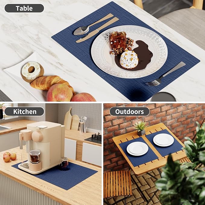 Cloth Placemats, Set of 4 Heat-Resistant Cotton Linen Blend Double Layered Machine Washable Place Mats, Wrinkle Free Thick Fabric Dining Table Mats for Indoors & Outdoors (Navy Blue, 4)