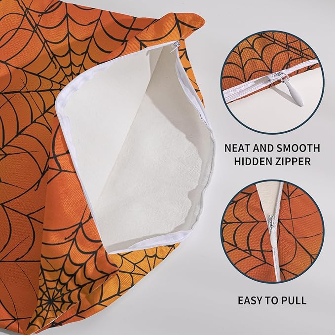 Halloween Spiderweb Pillow Covers 16x16 Set of 2 Orange Black Spider Web Outdoor Decorative Throw Pillows Halloween Scary Themed Farmhouse Pillowcases Linen Cushion Case Decor for Home Sofa Couch Bed