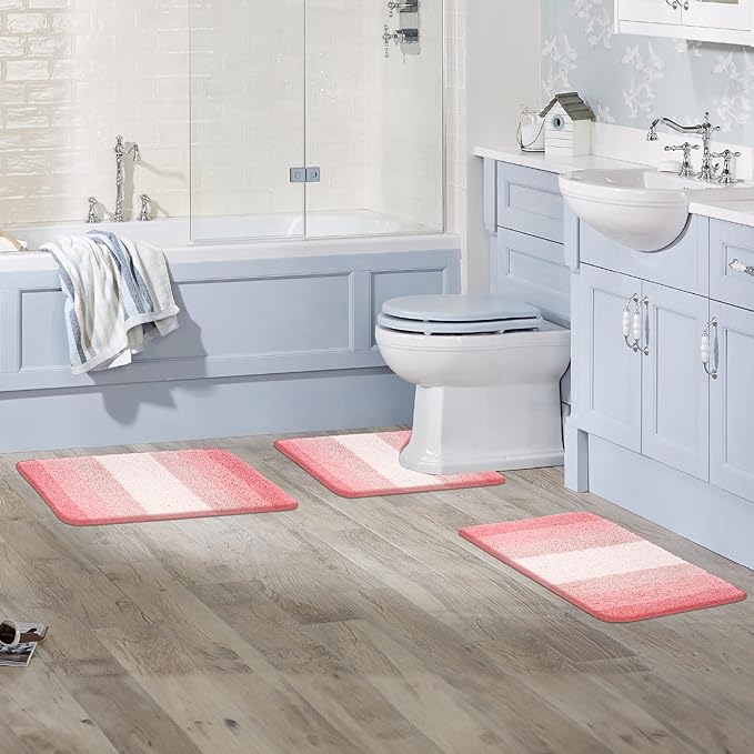 Walensee Contour Bath Rug (20 x 24, Ombre Pink) Non-Slip Water Absorbent Soft Microfiber Shaggy U-Shape Toilet Rug