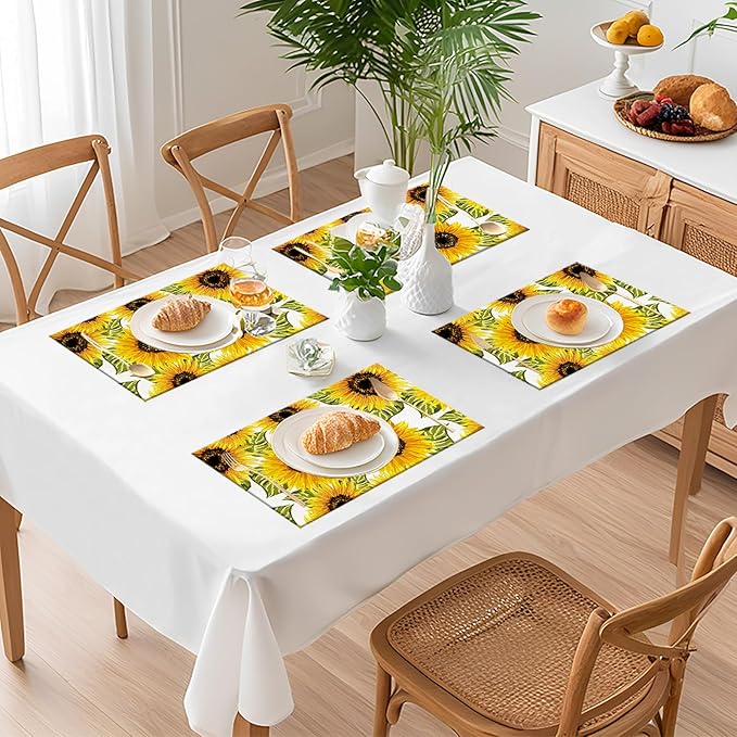 Floral Placemats Set of 4 Sunflower Place Mats Indoor Summer Yellow Linen Table Placemats Washable Wipeable Waterproof Heat Resistant Kitchen Place Mats for Dining Tables, 18 X 12 Inch