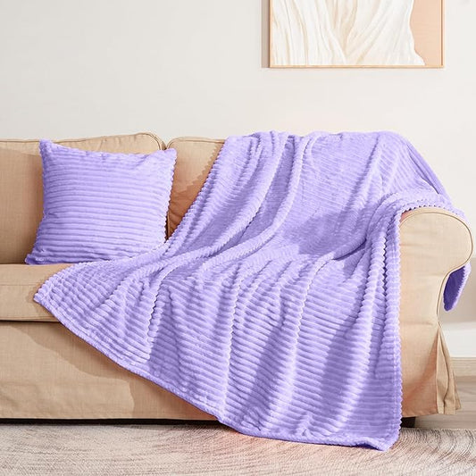 Vessia Flannel Fleece Light Purple Throw Blanket(50x71 Inch) for Couch with Pillow Cover(18 * 18 Inch), Warm Cozy Soft Stripe Pattern Blanket, Microfiber Lilac Ribbed Sofa Throw for All Season
