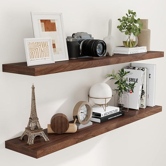 55"W x 9"D Floating Shelves Set of 2, 9.3 Inch Deep Floating Shelves Wall Mounted, Wide Wall Shelves Invisible Bracket, Deep Storage Shelves for Living Room, Bathroom, Kitchen, Walnut Color