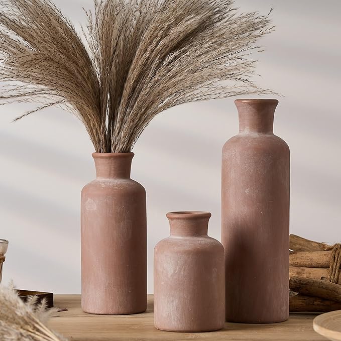 SIDUCAL Ceramic Rustic Farmhouse Vase Set of 3, Whitewashed Terracotta Vases, Clay Decorative Vases for Home Decor, Living Room, Shelf, Mantel Decoration(Brick-red)