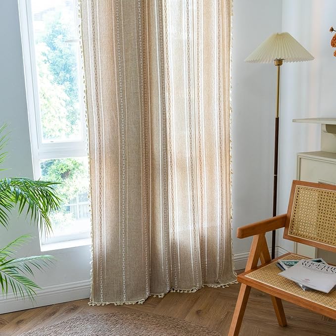 Sutuo Home Boho Curtains for Bedroom Living Room 90 Inch Length, Light Filtering French Country Farmhouse Vintage Shabby Chic Tassels Hollow Window Treatment Bohemian Drape 1 Panel 52"W x 90"L Natural