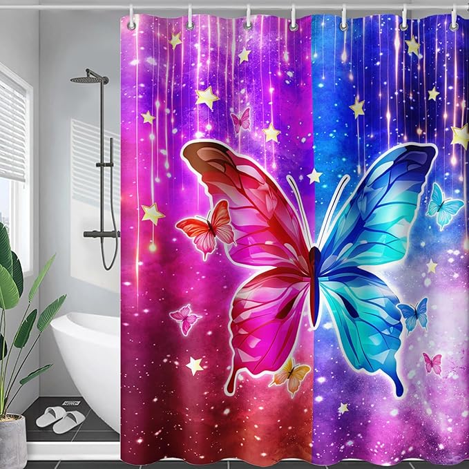 AILONEN Butterfly Shower Curtain,Red and Blue Butterfly Bath Curtain,Tie Dye Starry Rainbow Modern Decorative Shower Curtain with 12 Plastic Hooks (Kids/Girls/Women/Teen/) 60" W*72" H