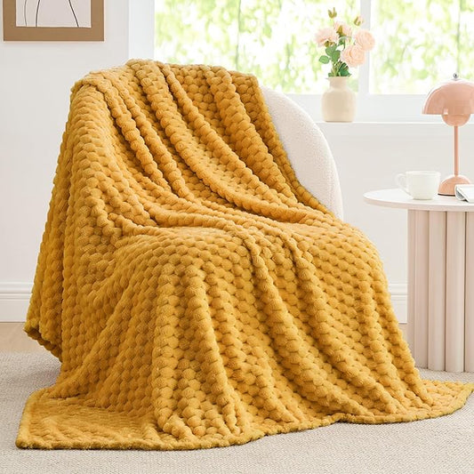 BEDELITE Fleece Blanket Twin Size for Bed Couch, 3D Jacquard Decorative Mustard Yellow Throw, Soft and Cozy Warm Plush Fuzzy Blanket All Seasons Suitable, 60x80Inches