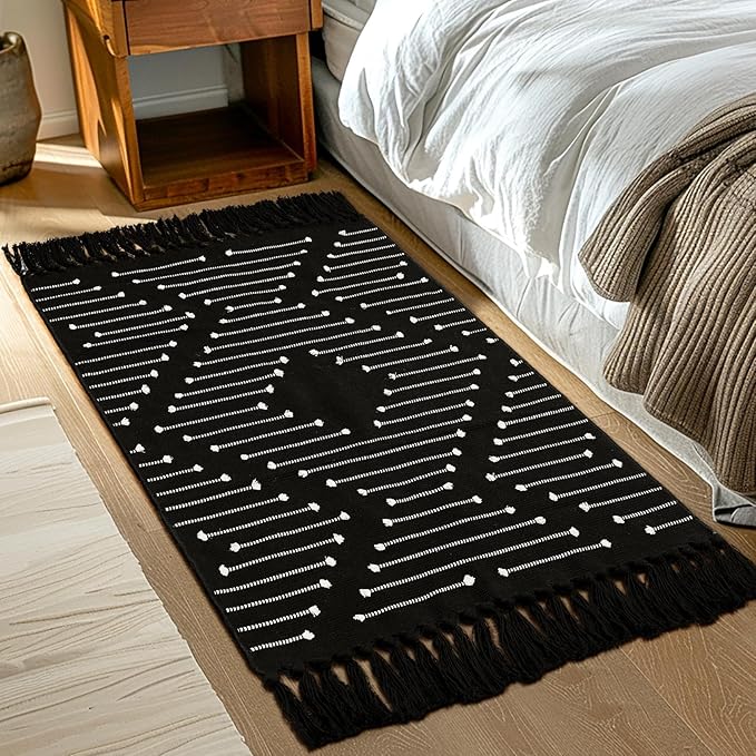 Tritard Boho Bathroom Rug 2x3 - Woven Cotton Washable Area Rugs with Tassels Small Aztec Entryway Throw Rugs Farmhouse Bath Door Mat Low Pile for Entrance, Kitchen, Front Porch, Black and White
