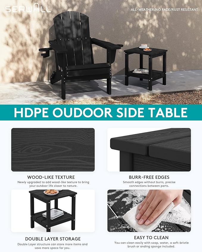 SERWALL 2-Tier HDPE Outdoor Side Table, Weatherproof Rectangular Adirondack Side Table, Black