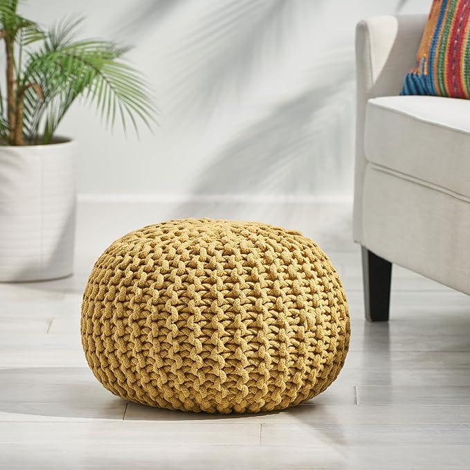 GDFStudio Poona Handcrafted Modern Cotton Pouf, Yellow 20 *20 *14