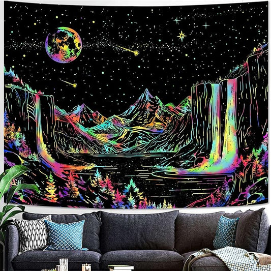 Lunerfex Starry Mountain Blacklight Wall Tapestry - Celestial Landscape Wall Hanging for Bedroom and Living Room Decor - 3648 Inches