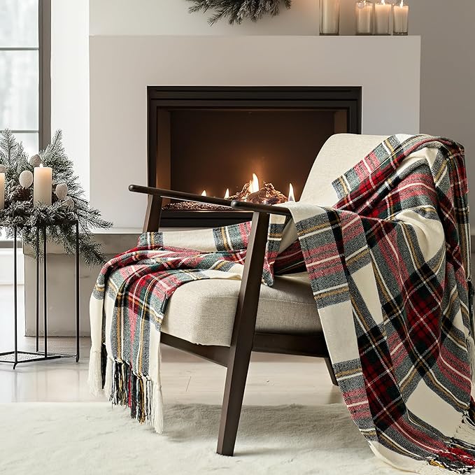 EVERGRACE Stewart Christmas Plaid Chenille Throw Blanket for Couch, Super Soft Cozy Tartan Checkered Throw Blanket with Tassels, Lightweight Plush Chenille Knit Throw for Christmas Decor, 60”x80”