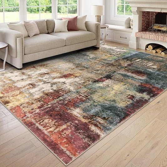 Lahome Modern Abstract Area Rug 6x9 Rugs for Living Room, Washable Bedroom Rug Aesthetic Low Pile Non Slip, Red Soft Indoor Contemporary Carpet for Dining Room Table Apartment