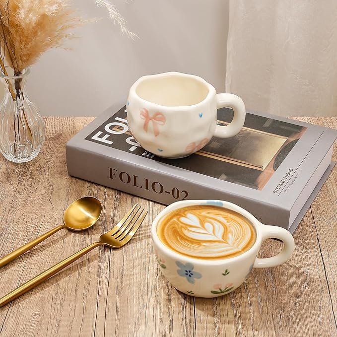 Koythin Ceramic Coffee Mug, Handmade Hot Chocolate Mugs, Cute Cup for Girl Women, Aesthetic Tea Milk Cup with Handle, 8.5 oz/250 ml for Latte, Cocoa, Office, Home (Blue Tulip Flowers)