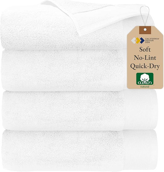 California Design Den Soft & Fluffy 100% Cotton Bath Towels - Pack of 4, Quick Dry & Highly Absorbent, Hotel Quality Bath Towel Set, Like a Spa Retreat Everyday, White - 27" x 54"